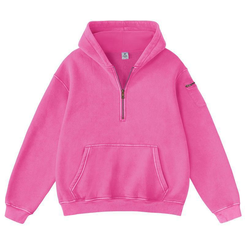 Mens Solid-Color Zip-Up Casual Loose Long-Sleeve Hoodie