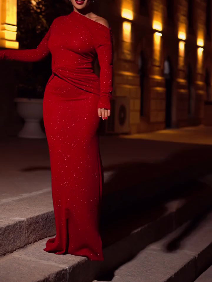 Burgundy Red Long-sleeve Twisted Sequin Dress