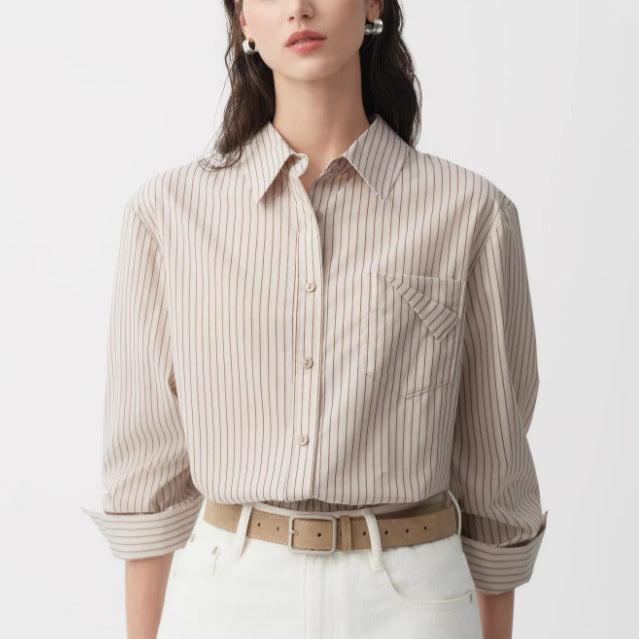 Cotton Yarn-dyed Blue-striped Long-sleeve Shirt