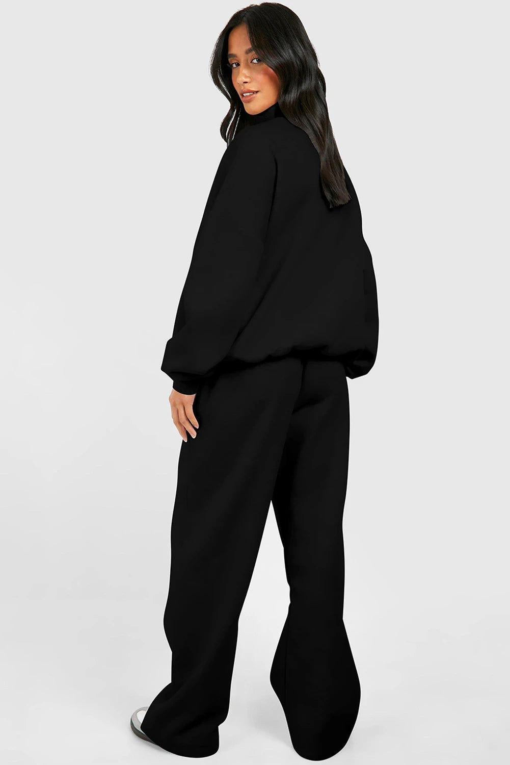 Black Half Zip Sweatshirt & Wide-Leg Pants 2pcs Set
