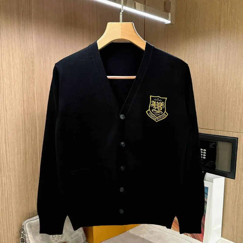 Autumn Long Sleeve Knitted Men Cardigans Embroidered V-neck Buttun Closure Sweaters Chic Casual Outwear