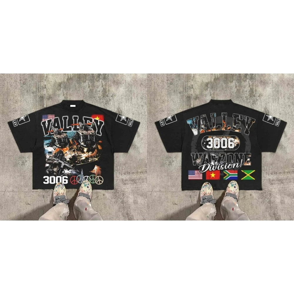 American Hip Hop Retro Theater Valley Division Harajuku Gothic War Print Summer New Retro Fashion Men and Women Streetwear