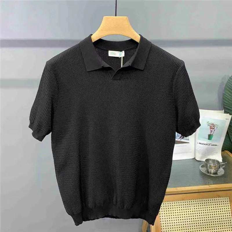 Ice Silk Slim Fit Short Sleeve V-Neck Polo Shirt Men's Knitted Summer New Style Breathable Machine Washable Casual T-Shirt