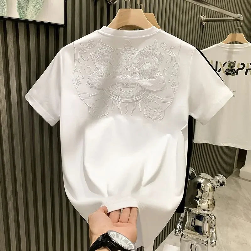 Male Tees Shirts Skinny Embroidery Lion New In Party Y2k Original Tops Hot Basic Korean Popular Clothes Cool Cheap Men's T-shirt