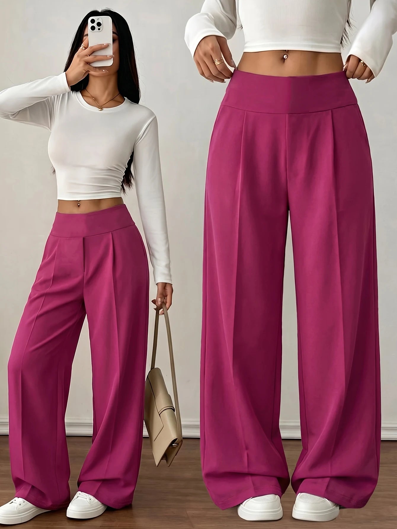 Women Loose Wide Leg Pants Straight Leg Minimalist Casual Rose Red Suit Commuter Long Pants Side Stripe Design Slimming Cargo Pa