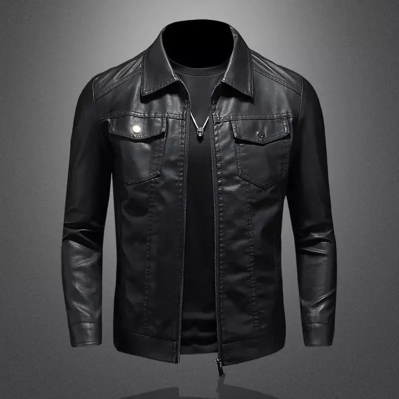 Men's Motorcycle Leather Jacket, Plus Size, Black Pocket, Zipper Lapel, Korean Slim Fit, High Quality PU Leather Coat for Men
