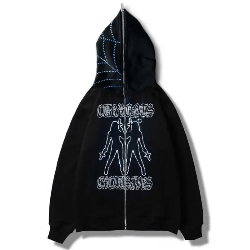 Skeleton Pattern Rhinestone Zipper Hoodies Men Women Hip Hop Street Hoodie Retro Punk Gothic Autumn Oversize Sweatshirt Jacket