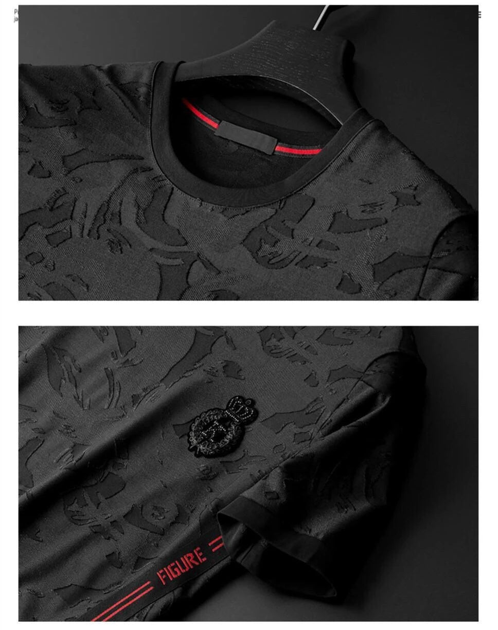 Minglu Jacquard Summer Men's Sets Round Collar Short Sleeve Male T-shirts Luxury Elastic Waist Pants Sport Casual Man Tracksuit
