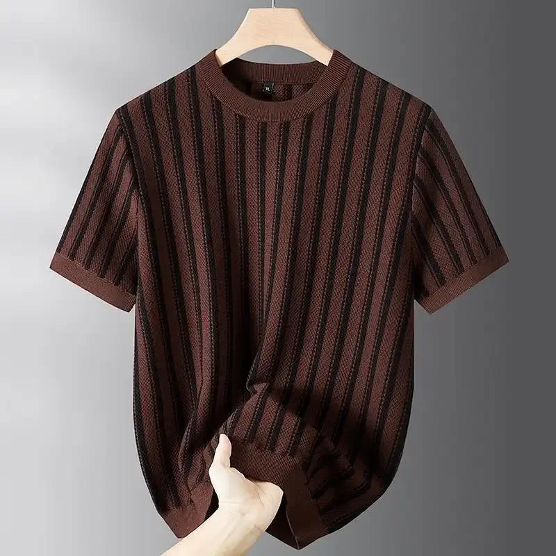 Spring New Round Neck Striped Jacquard Contrasting Short Sleeved Knitted Sweater for Men's Casual Versatile Half Sleeved Sweater