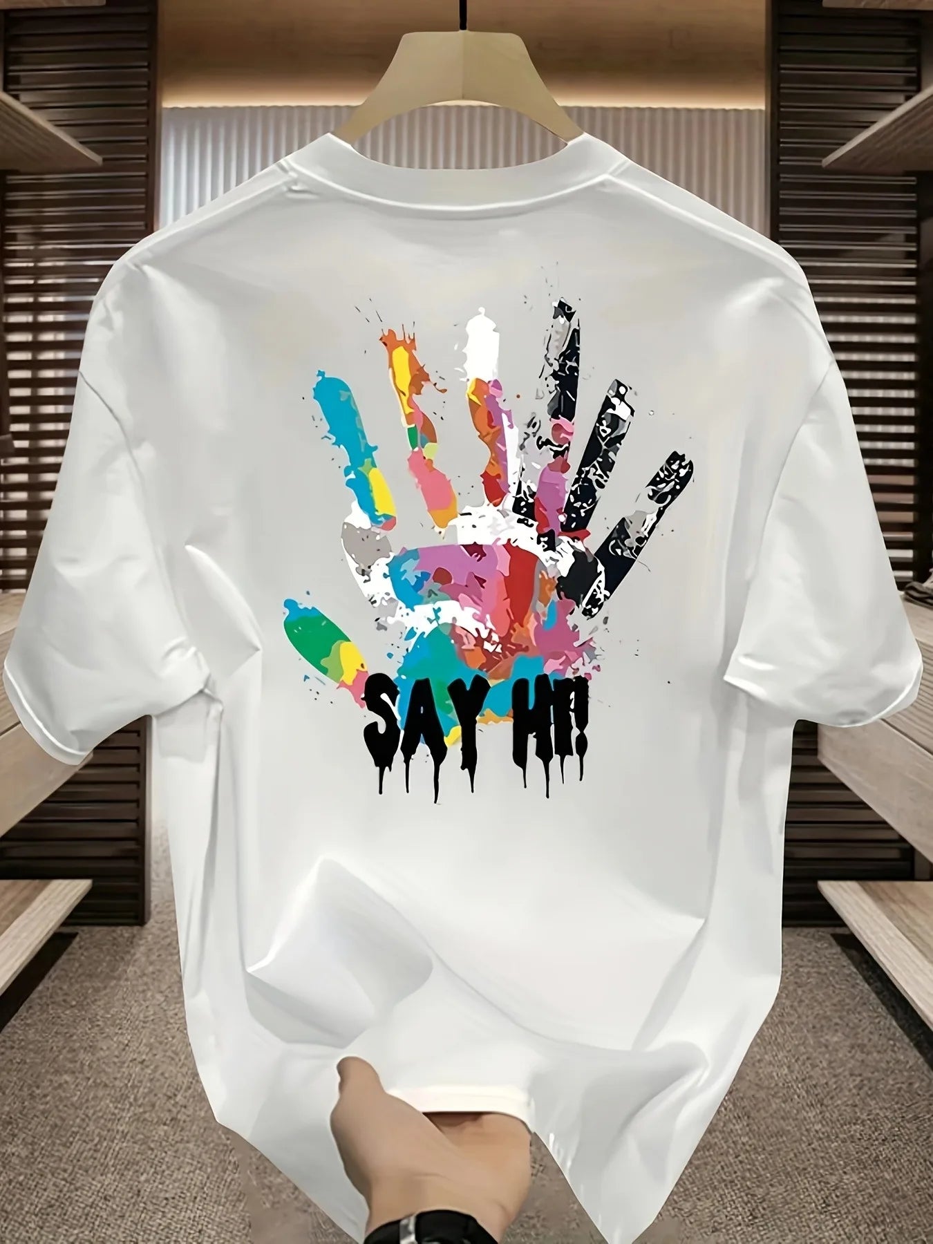 Summer New Trendy Brand Graffiti Handprint Print Heavyweight 100%Cotton T-shirt Men Casual Versatile Suitable Occasions Relaxed