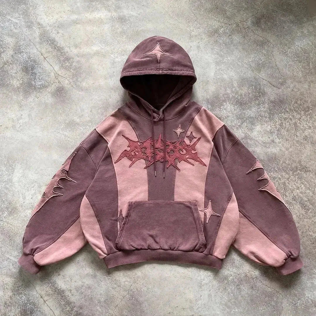 American Harajuku Fashion Color Matching Creative Pattern Patchwork Pullover 2000s Street Rock Vitality Long Sleeve Loose Hoodie