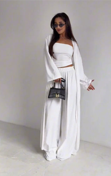 Casual Mid-calf Top Vest Long Cardigan Wide-leg Pants Three-piece Set