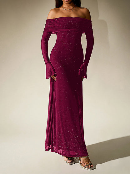 Black Off-Shoulder Maxi Dress With Glitter Detail And Mesh Sleeves