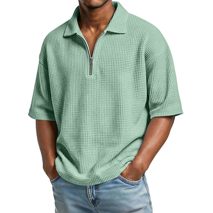 Men's Waffle-Weave Short-Sleeved Shirts Summer Solid Color Lapel Polo Shirt T-Shirt Beach Style Tops