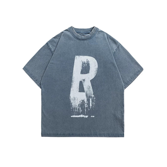 Washed vintage letter printed short sleeved T-shirt