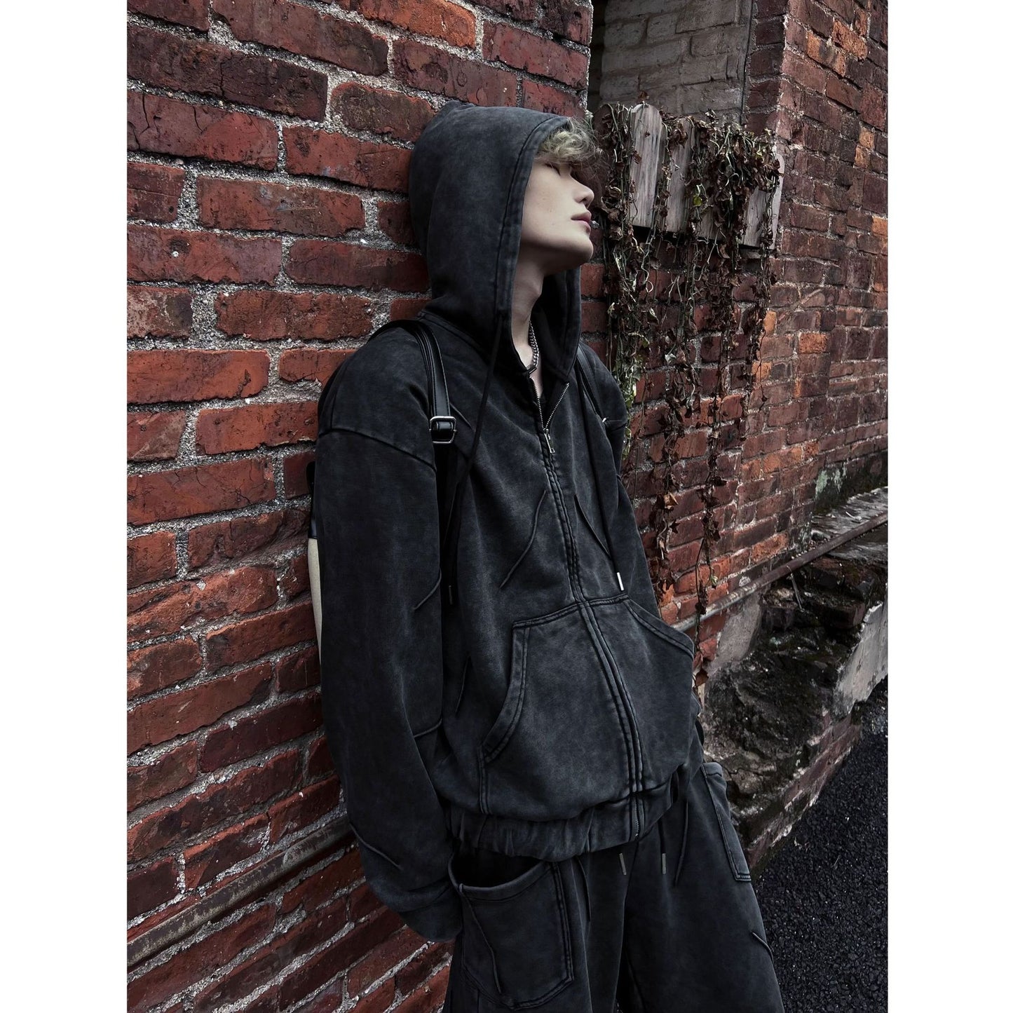 Niche Heavy Industry Washed Distressed Hooded Zipper Sweatshirt Casual Pants