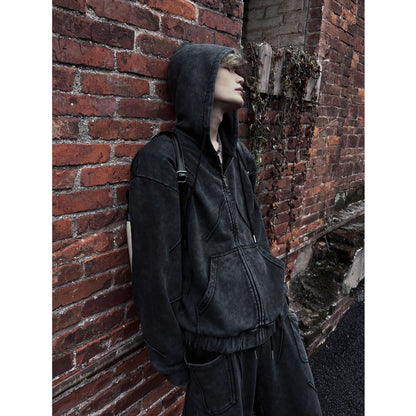 Niche Heavy Industry Washed Distressed Hooded Zipper Sweatshirt Casual Pants