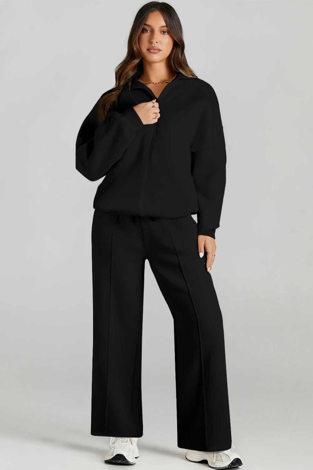 Black Half Zip Sweatshirt & Wide-Leg Pants 2pcs Set