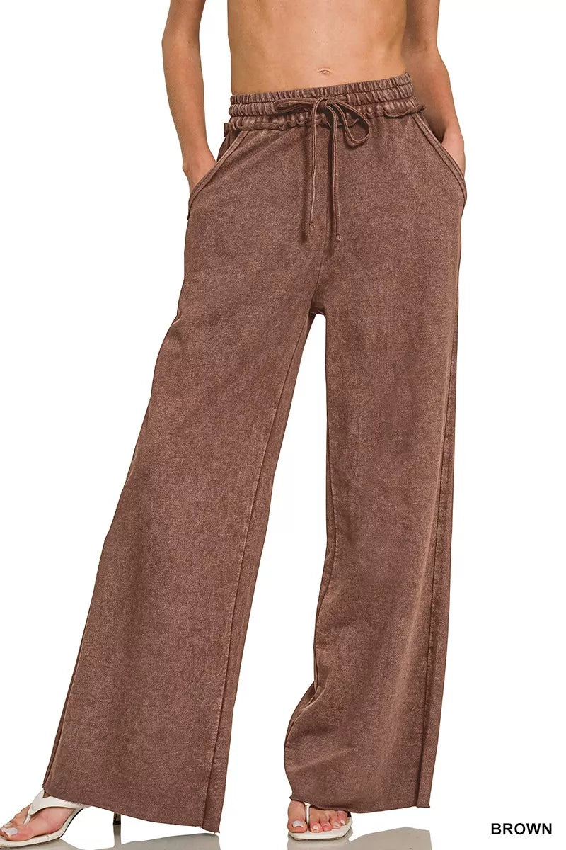 Zenana Acid Wash Wide Leg Sweatpants with Pockets