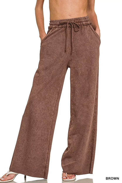 Zenana Acid Wash Wide Leg Sweatpants with Pockets