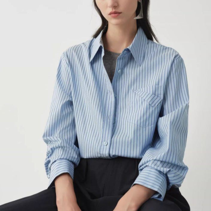 Cotton Yarn-dyed Blue-striped Long-sleeve Shirt