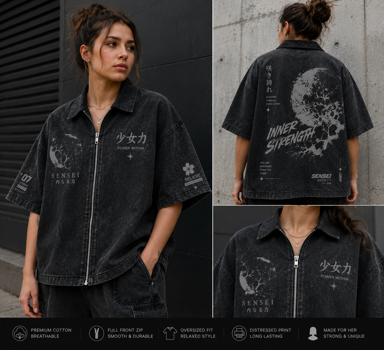 Sensei Inner Strength Acid Wash Oversized Zip Shirt – Japanese Streetwear Vintage Washed Tee