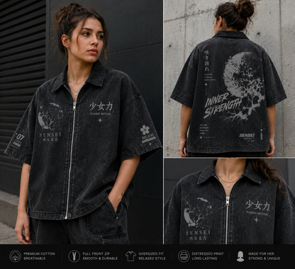 Sensei Inner Strength Acid Wash Oversized Zip Shirt – Japanese Streetwear Vintage Washed Tee