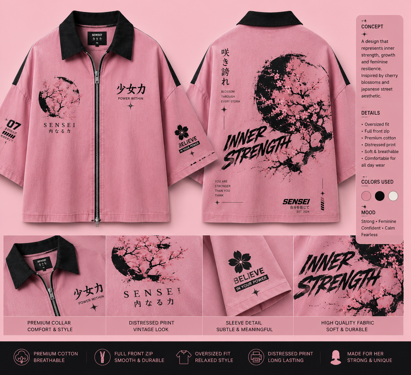 Sensei Inner Strength Acid Wash Oversized Zip Shirt – Japanese Streetwear Vintage Washed Tee