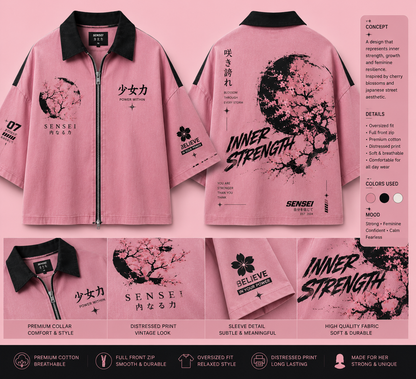 Sensei Inner Strength Acid Wash Oversized Zip Shirt – Japanese Streetwear Vintage Washed Tee
