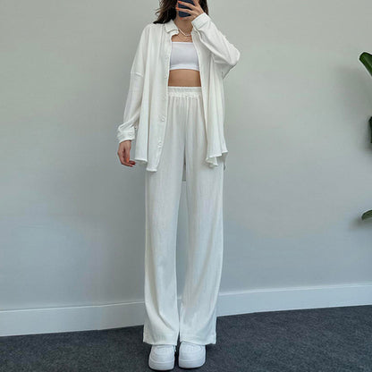 Women's Fashion Casual Temperament Pure Color Long-sleeved Shirt Wide-leg Trousers Two-piece Set