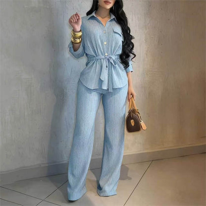Fashionable Lapel Collar Long-Sleeve Shirt And Pants Set For Women