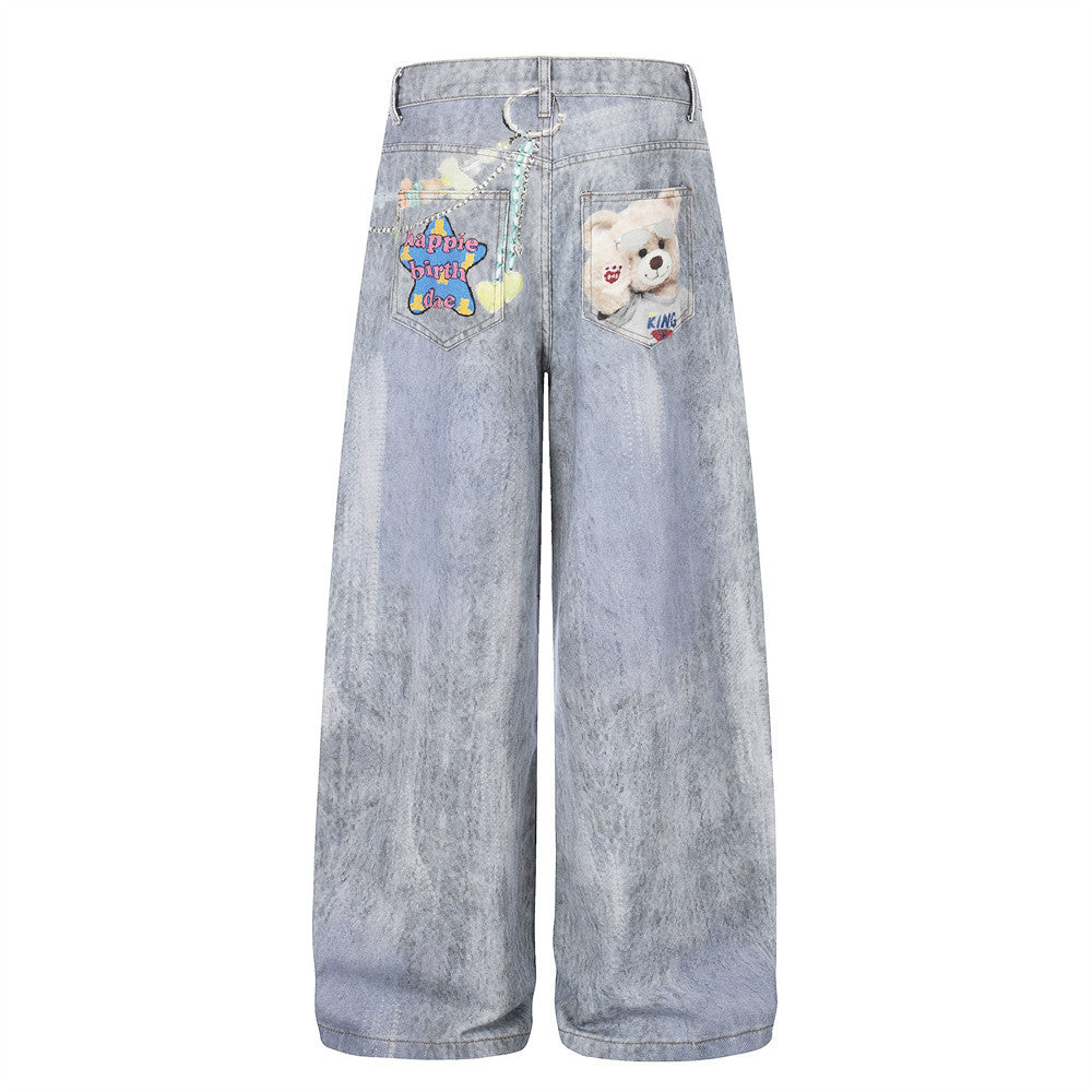 Teddy Bear Cartoon Hot Stamping Straight Leg Denim Pants
