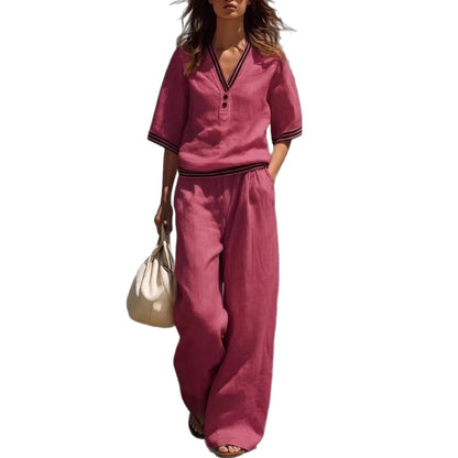 Cotton-Linen V-Neck Casual Comfortable Short-Sleeve Shirt And Pants Set