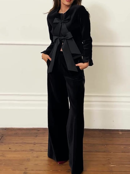 Black Velvet Bow Jacket & Wide-leg Pants Suit