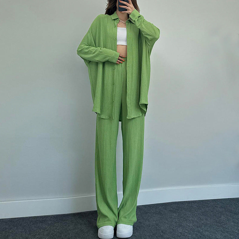 Women's Fashion Casual Temperament Pure Color Long-sleeved Shirt Wide-leg Trousers Two-piece Set