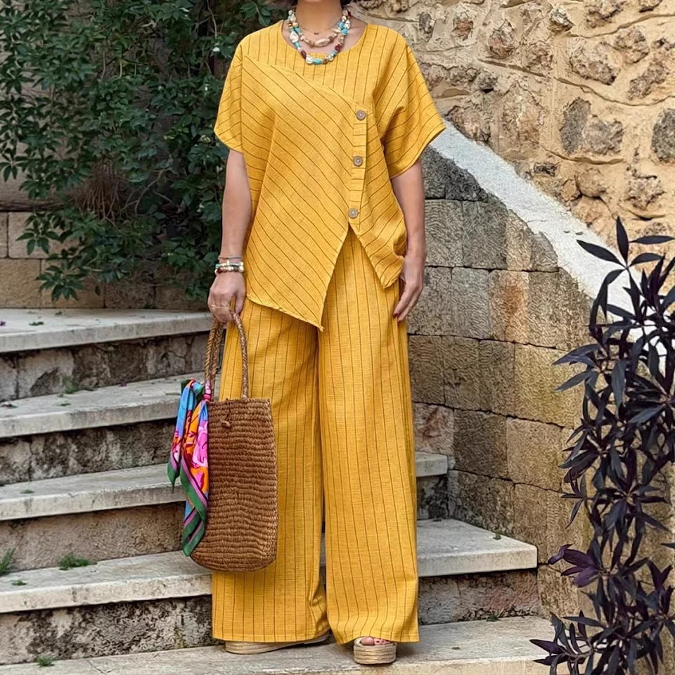 Striped Short-sleeve Shirt And Loose-fitting Pants Two-piece Set
