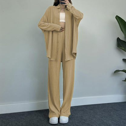 Women's Fashion Casual Temperament Pure Color Long-sleeved Shirt Wide-leg Trousers Two-piece Set