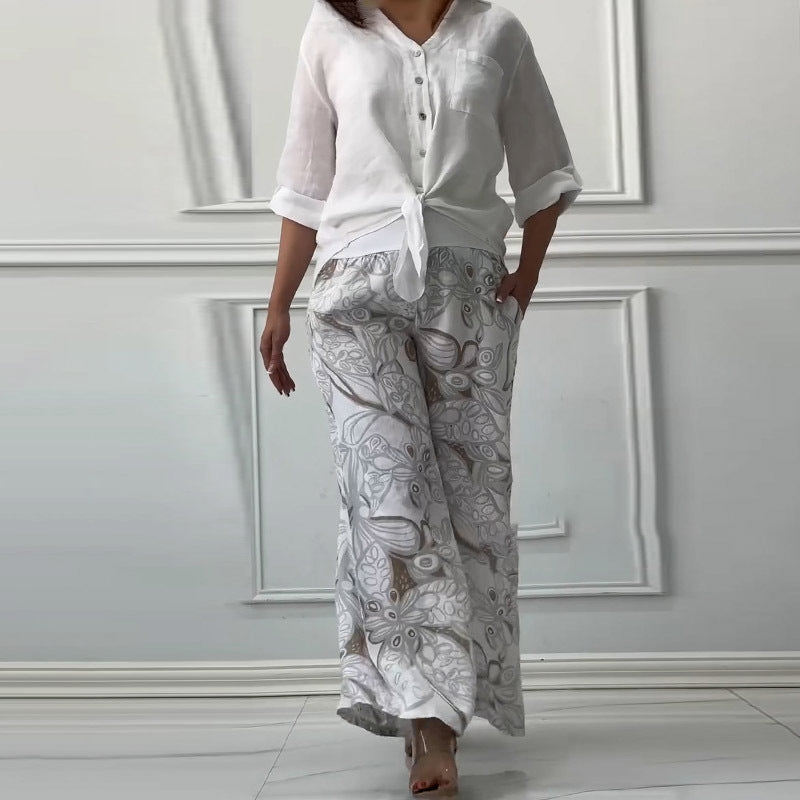 Summer New Cardigan Shirt High Waist Loose Trousers Two-piece Suit