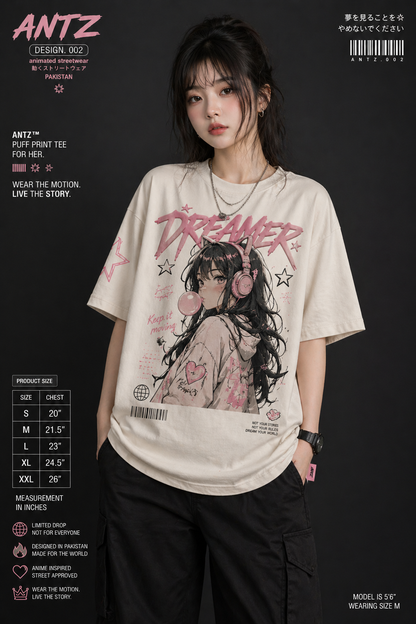 Dreamer Puff Print Tee – Anime Streetwear Oversized T-Shirt (Off-White/Pink)