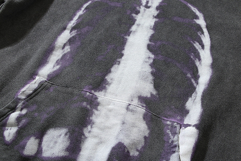 Washed-out Vintage Distressed Skull Bone Hooded Sweater
