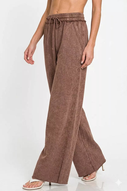 Zenana Acid Wash Wide Leg Sweatpants with Pockets