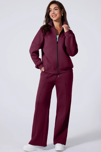 Burgundy Drop Shoulder Zip Up Jacket & Drawstring Wide-Leg Pants Active 2pcs Set