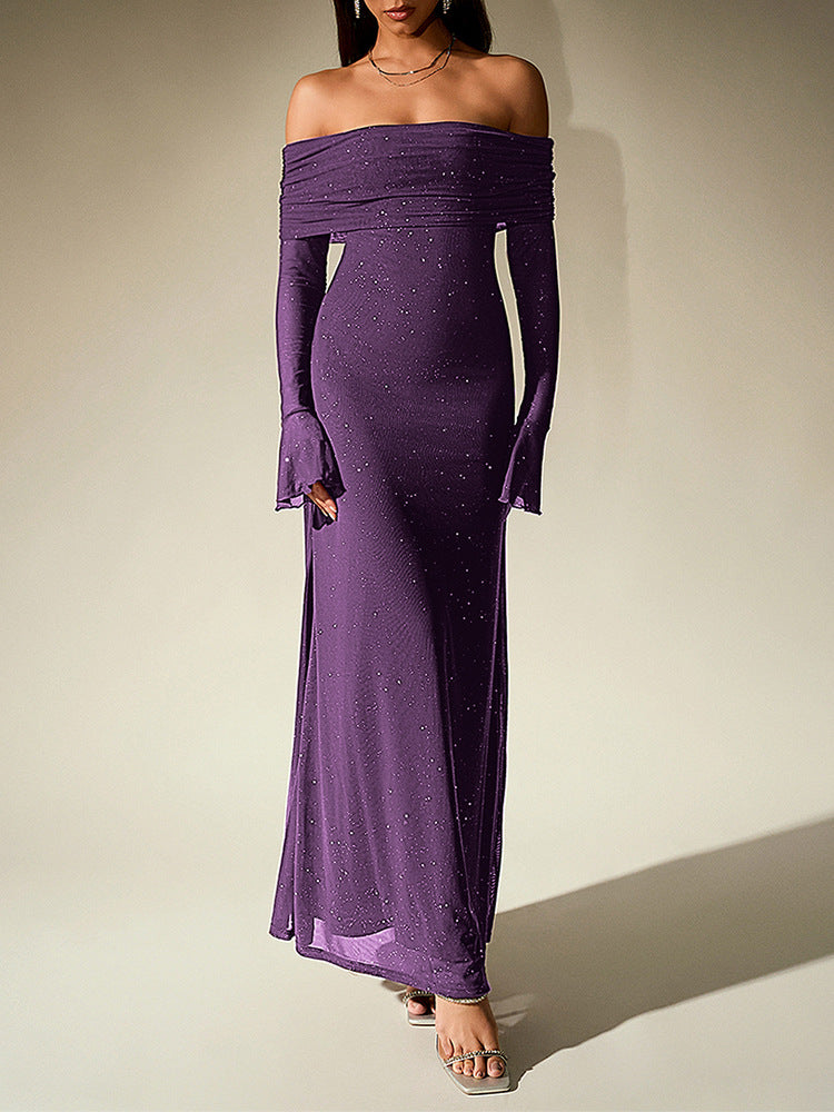 Black Off-Shoulder Maxi Dress With Glitter Detail And Mesh Sleeves