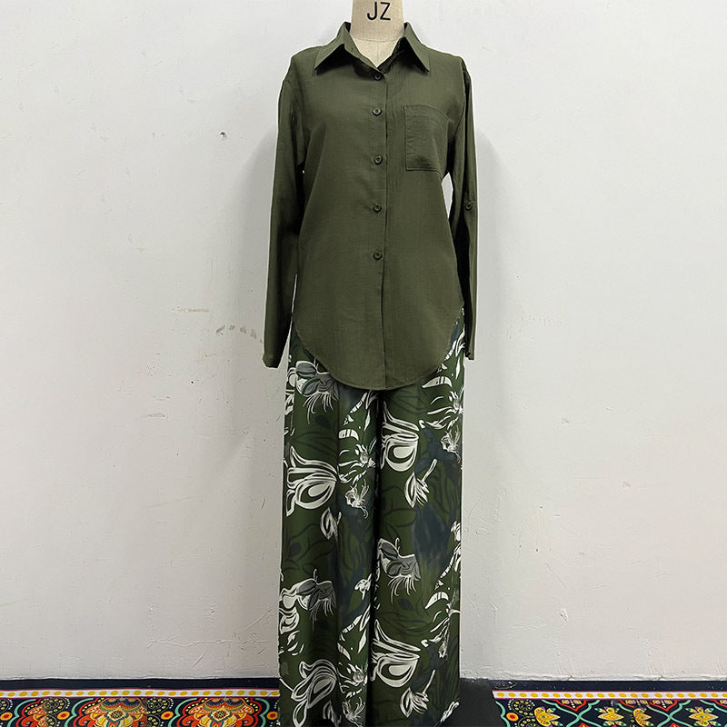 Summer New Cardigan Shirt High Waist Loose Trousers Two-piece Suit