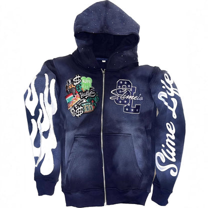 Hooded Cardigan Jacket Embroidered Print Mens Sweatshirt
