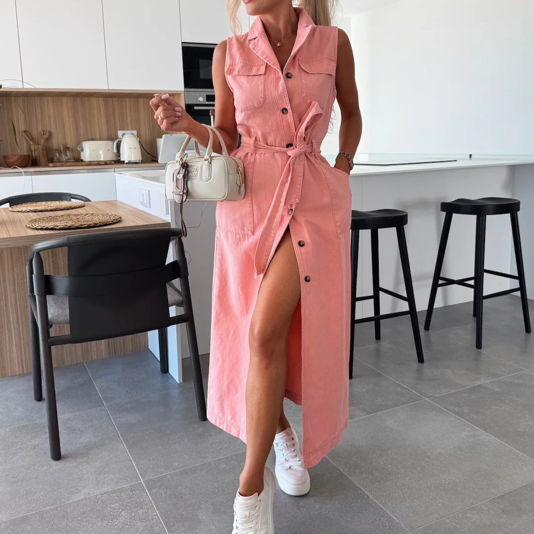 New Sleeveless Long Tie Waist-tight Single-breasted Denim Dress
