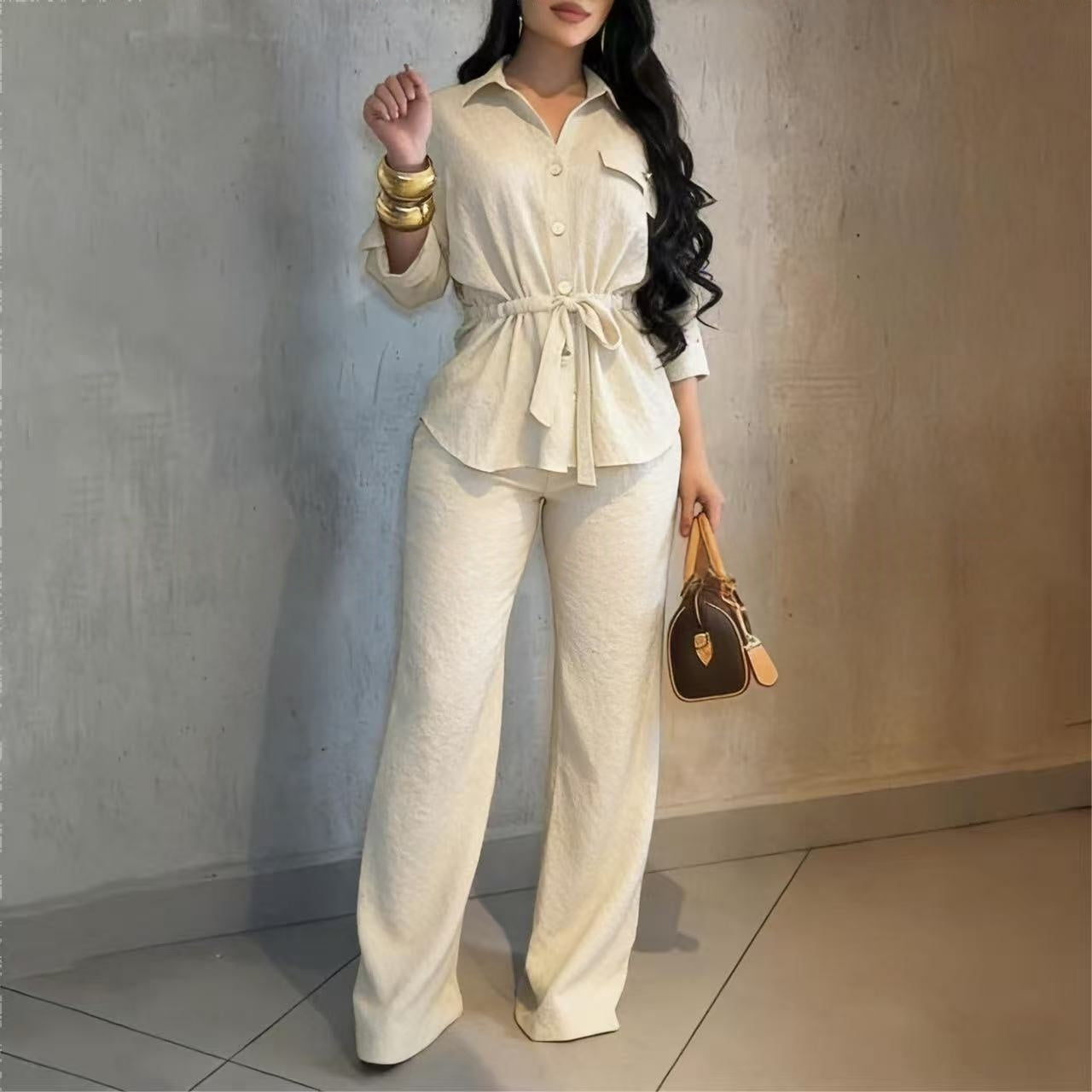 Fashionable Lapel Collar Long-Sleeve Shirt And Pants Set For Women