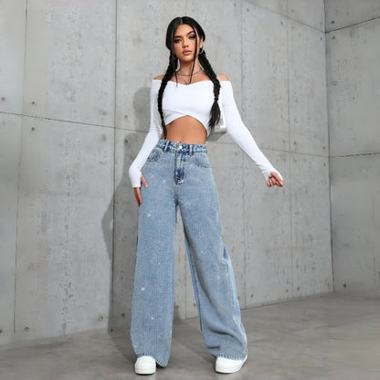 Women's Loose Mid-Waist Stretch Straight Jeans With Rhinestones