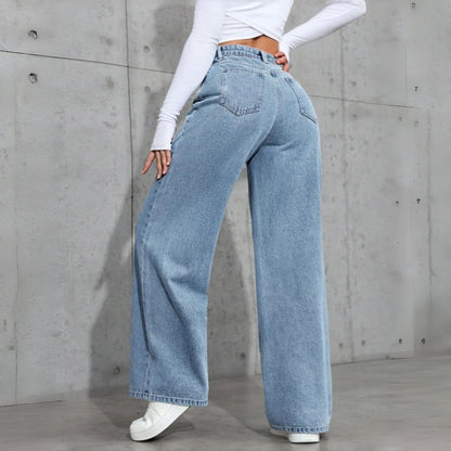 Women's Loose Mid-Waist Stretch Straight Jeans With Rhinestones