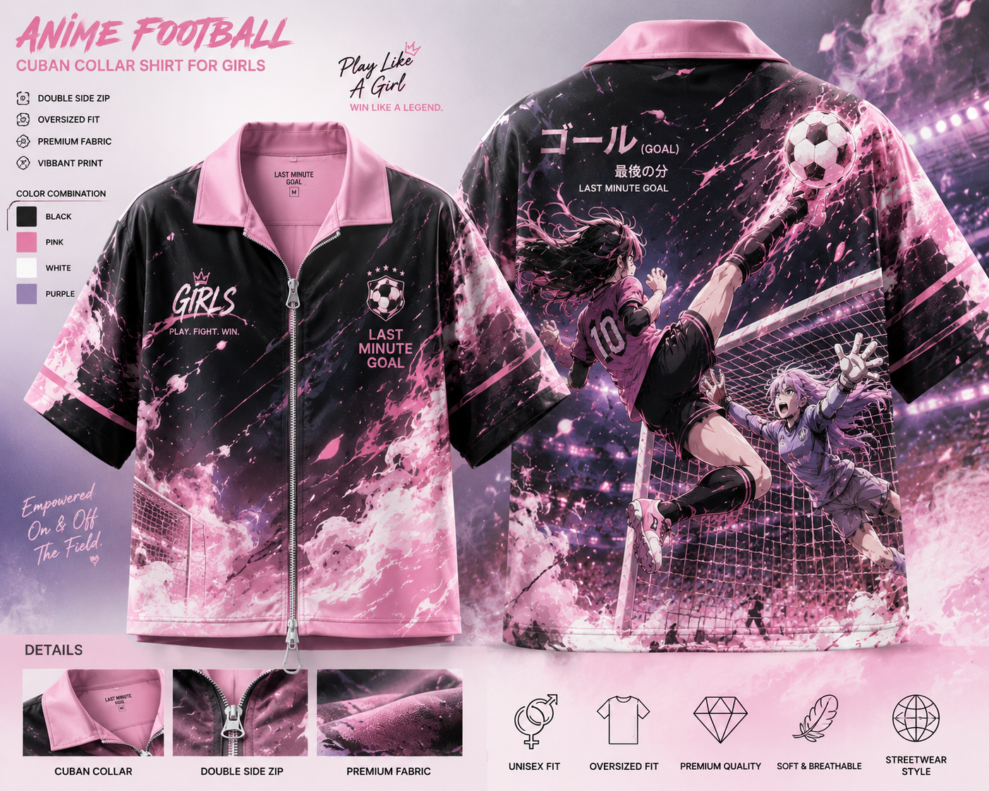 Anime Football Cuban Collar Shirt For Girls
